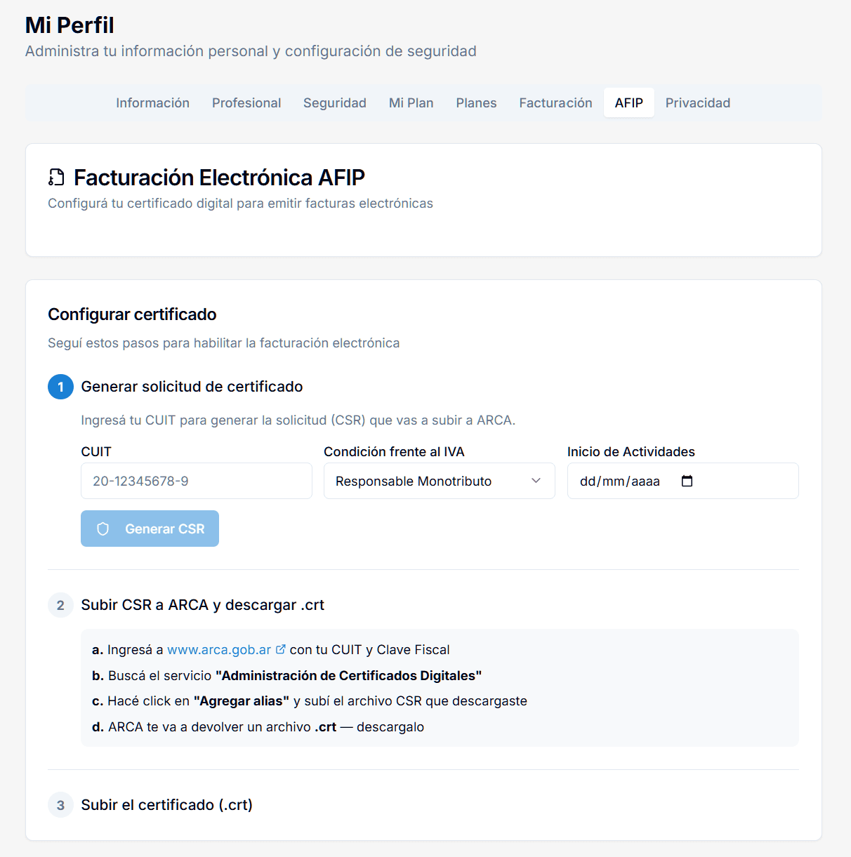 Formulario de configuracion de certificado AFIP en Brauni