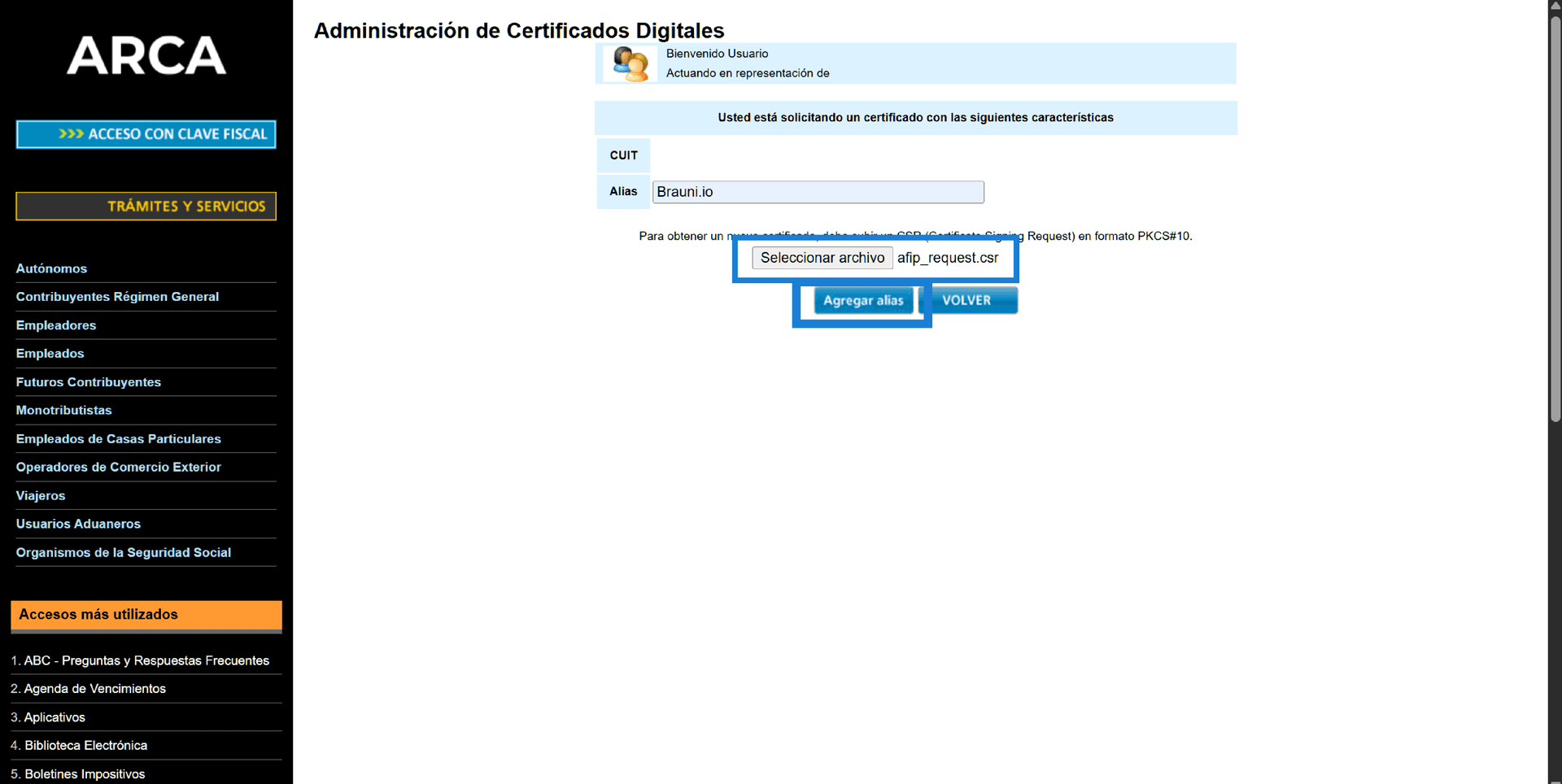 Alias Brauni io y archivo CSR seleccionado en ARCA