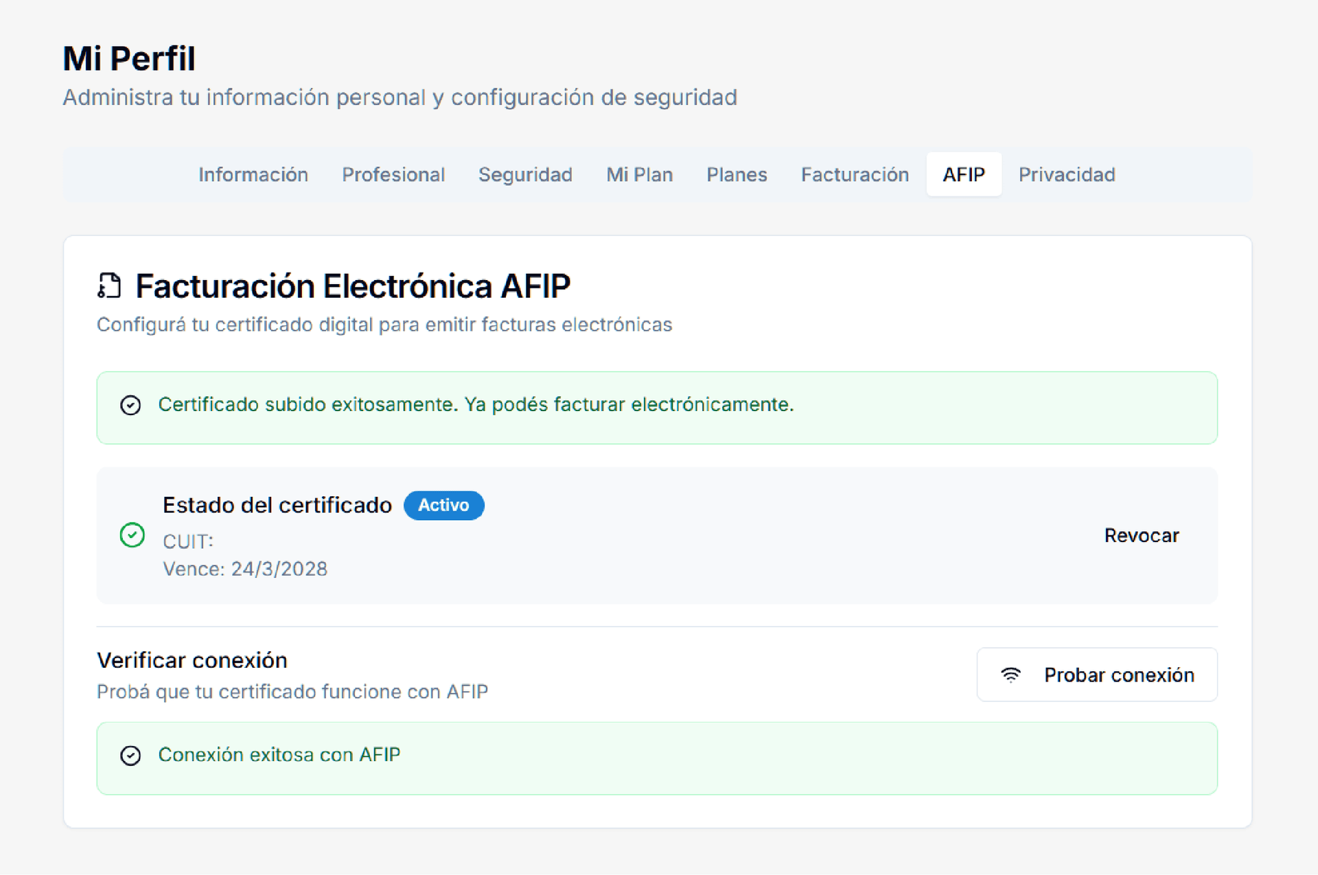 Conexion exitosa con AFIP en Brauni