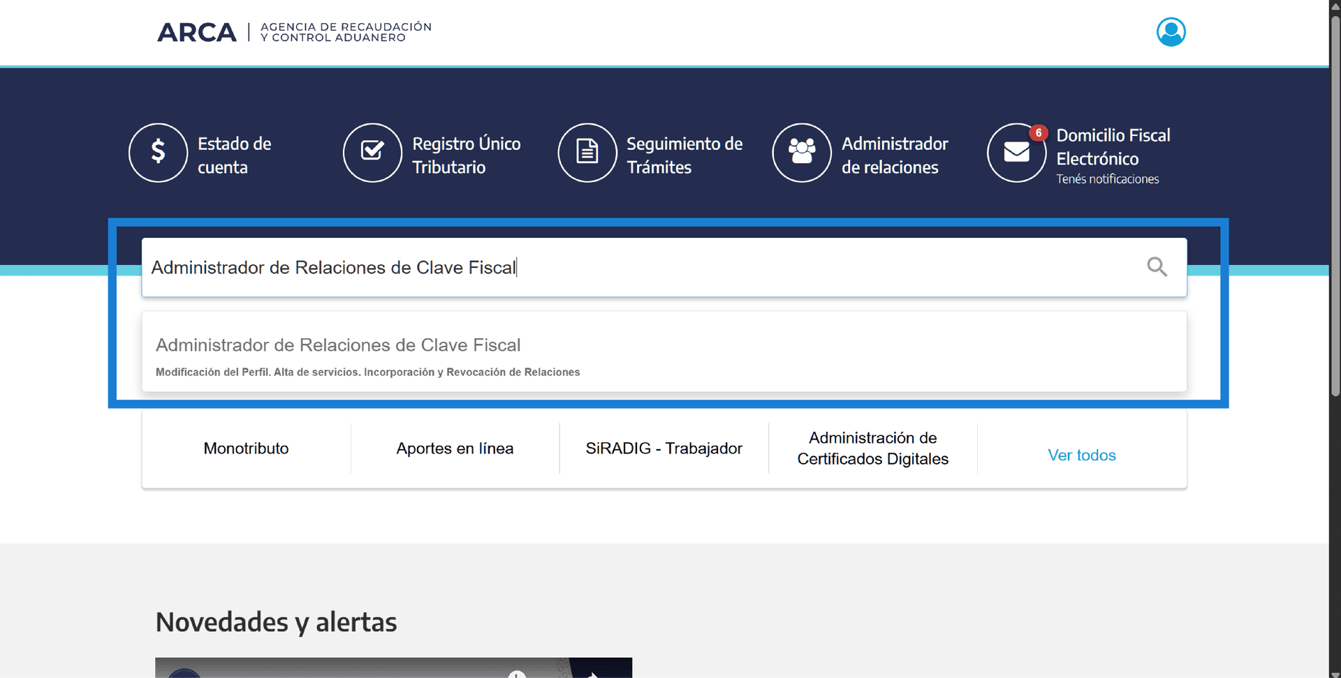 Buscando Administrador de Relaciones de Clave Fiscal en ARCA