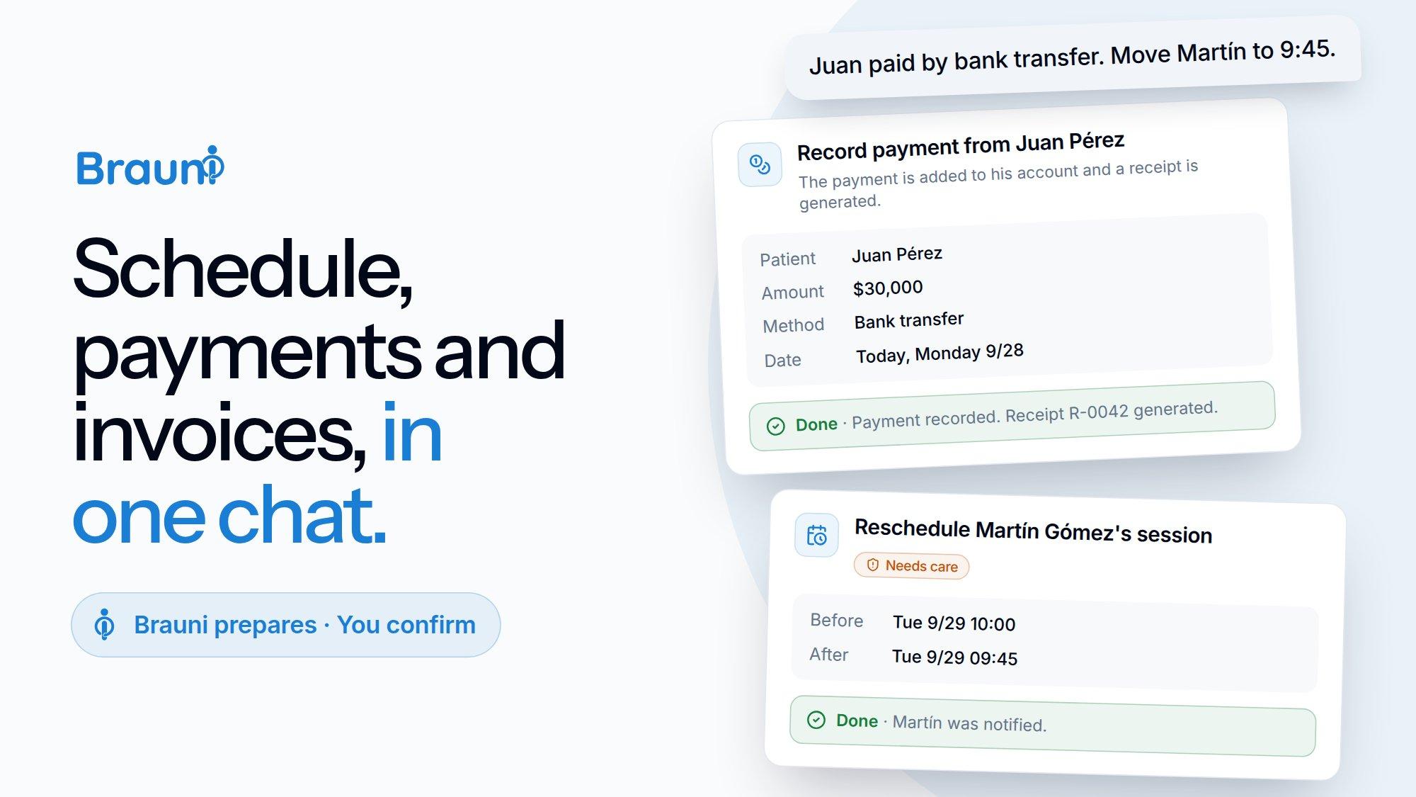 Brauni Practice Assistant: a chat message and the confirmation cards to record a payment and reschedule a session