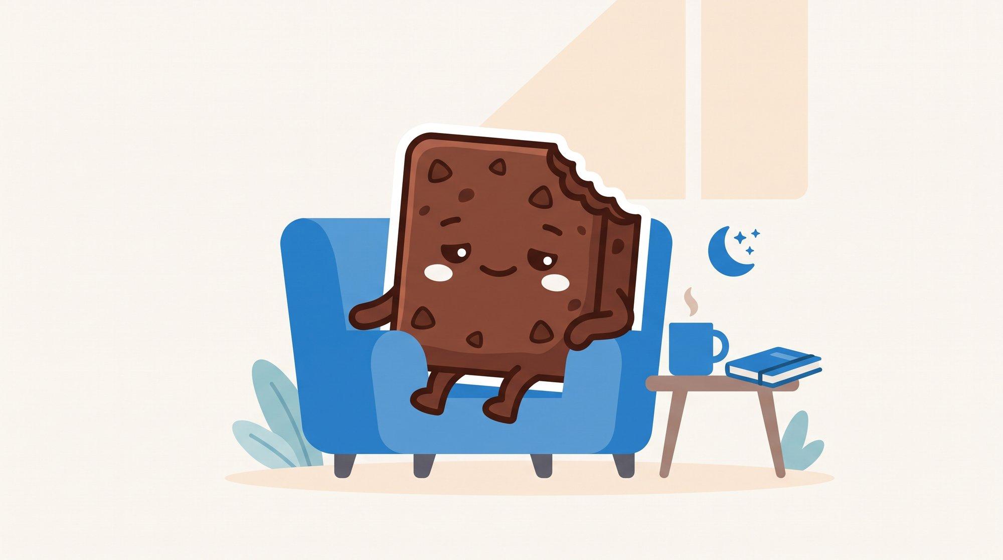 La mascota de Brauni descansando relajada en un sillón azul con una taza humeante, un libro y una luna con estrellas en una escena nocturna de descanso