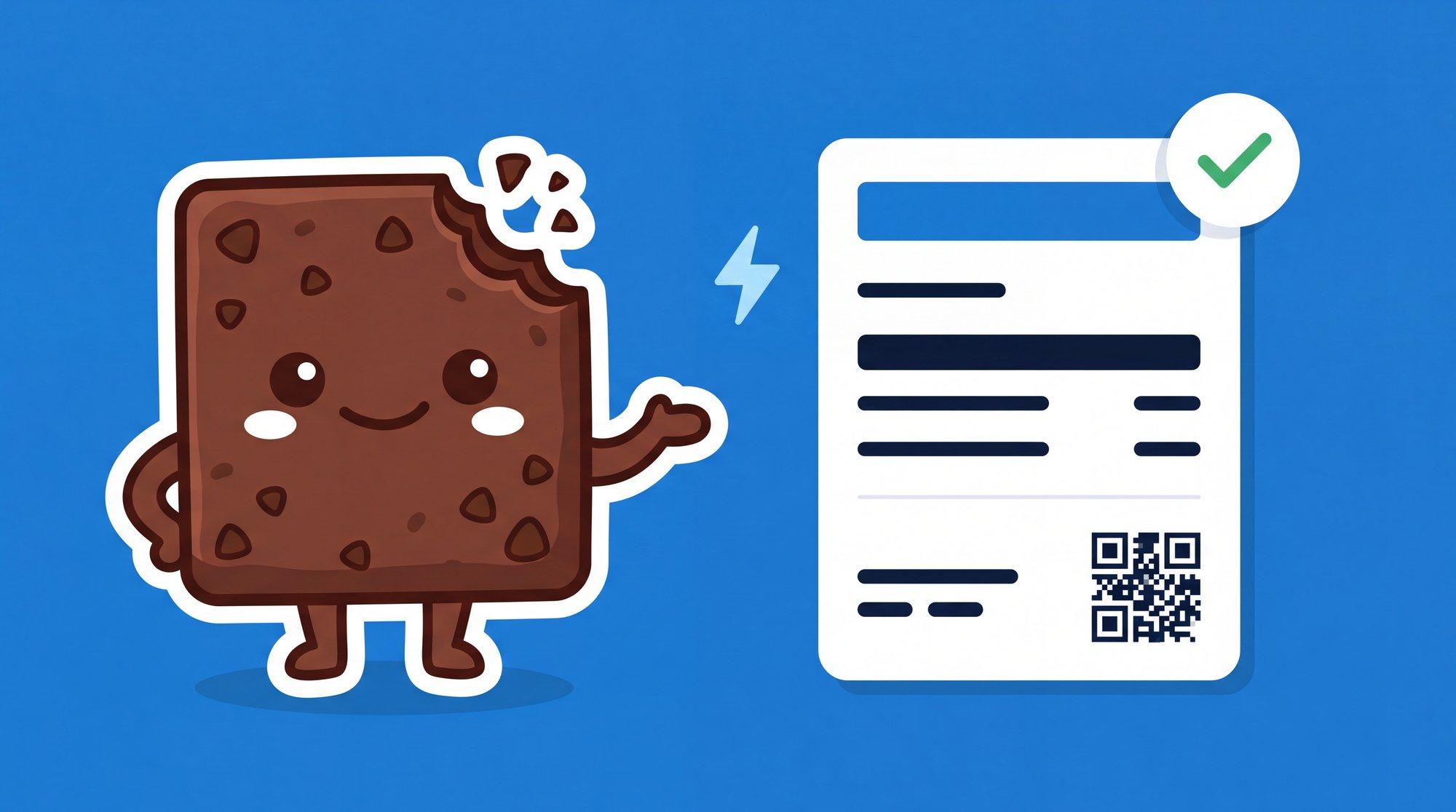 La mascota de Brauni junto a una factura electrónica con código QR y tilde verde de aprobación de AFIP