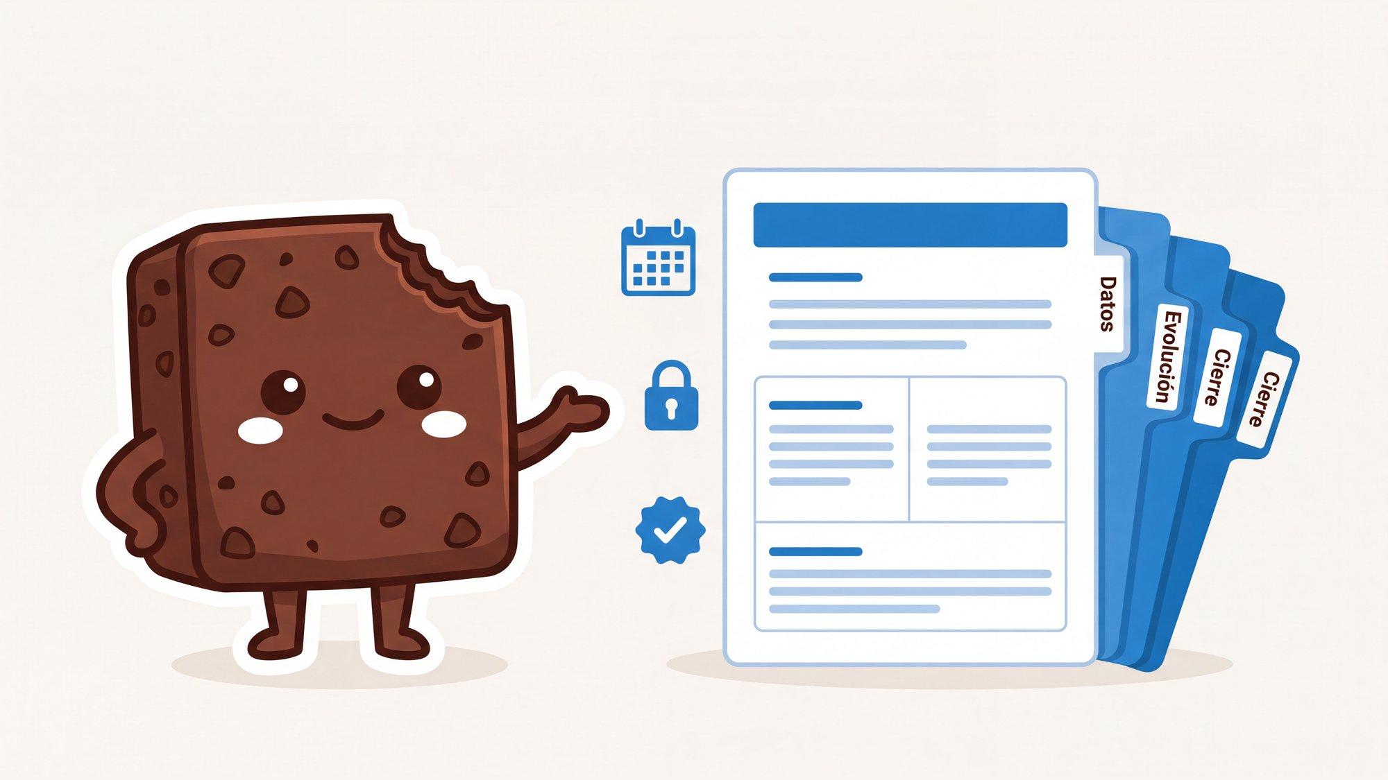 La mascota de Brauni junto a una historia clínica digital con carpetas etiquetadas Datos, Evolución y Cierre, e íconos de calendario, candado y verificación