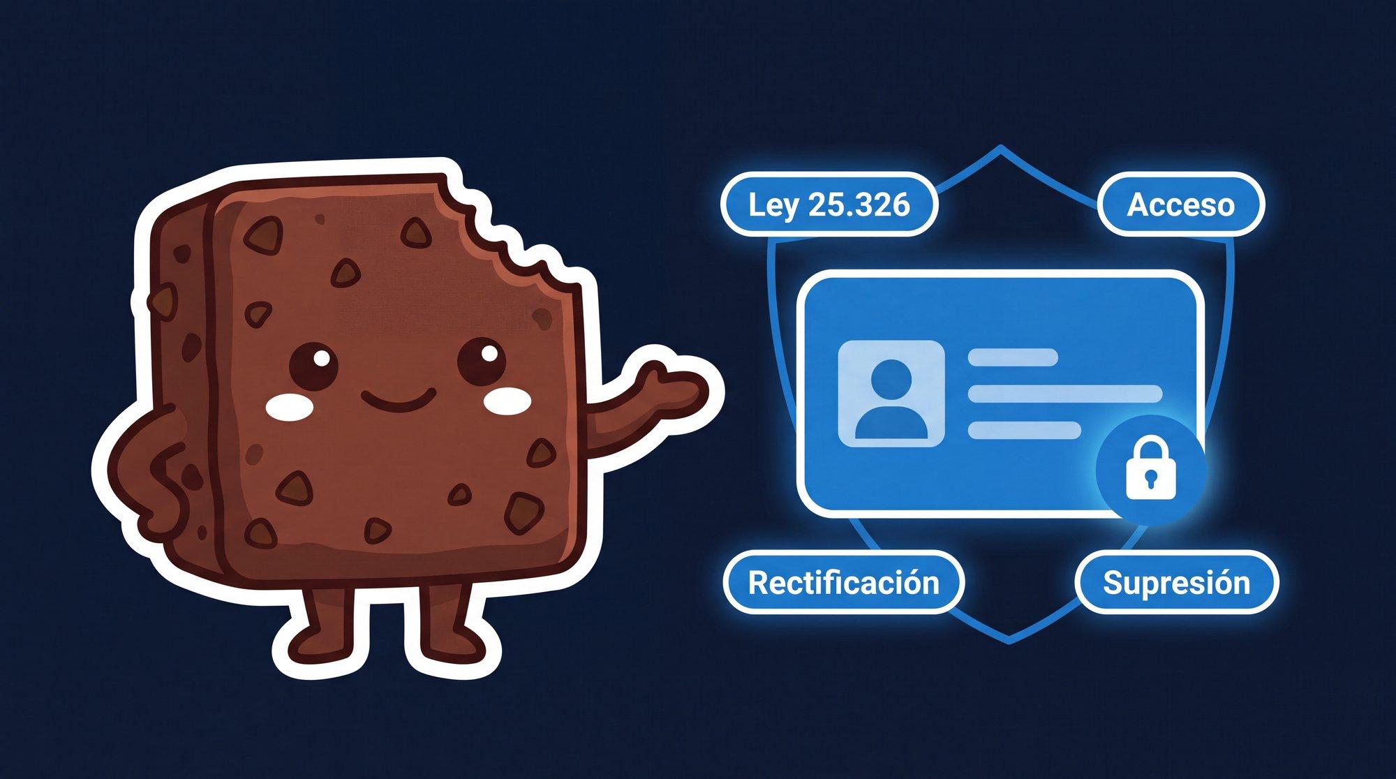 La mascota de Brauni junto a un escudo con un documento de identidad y las garantías de la Ley 25.326: Acceso, Rectificación y Supresión