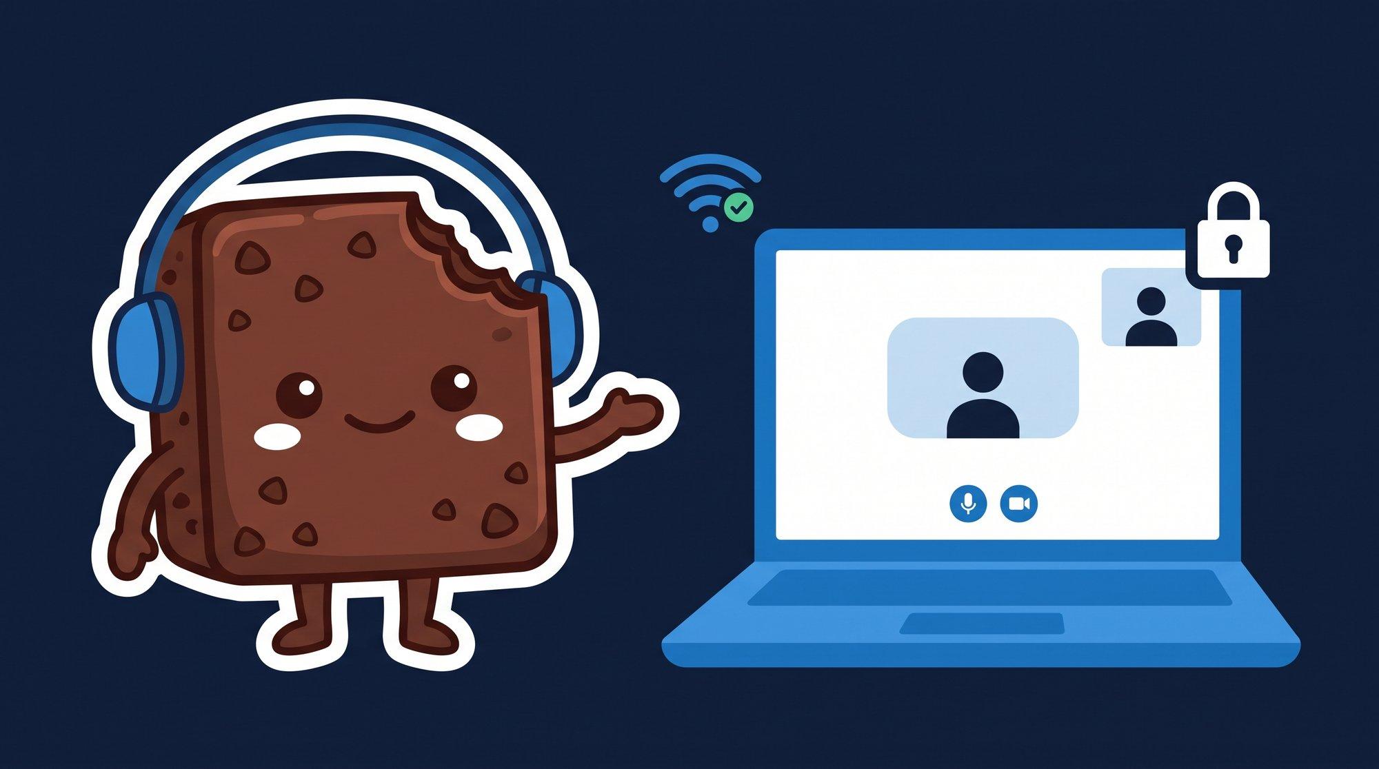 La mascota de Brauni con auriculares saluda junto a una laptop con una videollamada de dos personas, controles de micrófono y cámara, wifi con tilde verde y un candado de cifrado