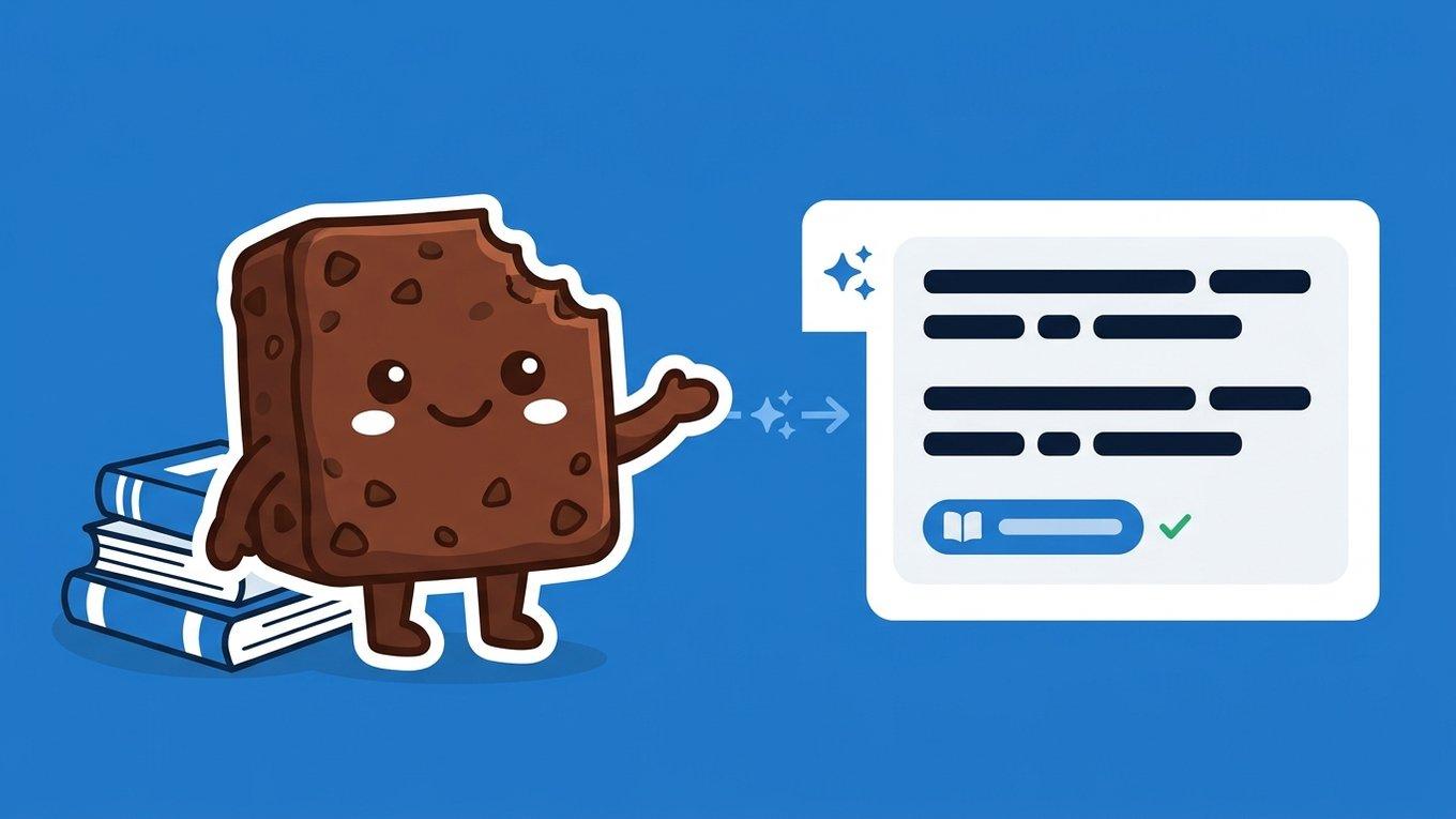 La mascota brownie de Brauni apoyada en una pila de libros, señalando una respuesta del asistente de IA con una cita de documento verificada
