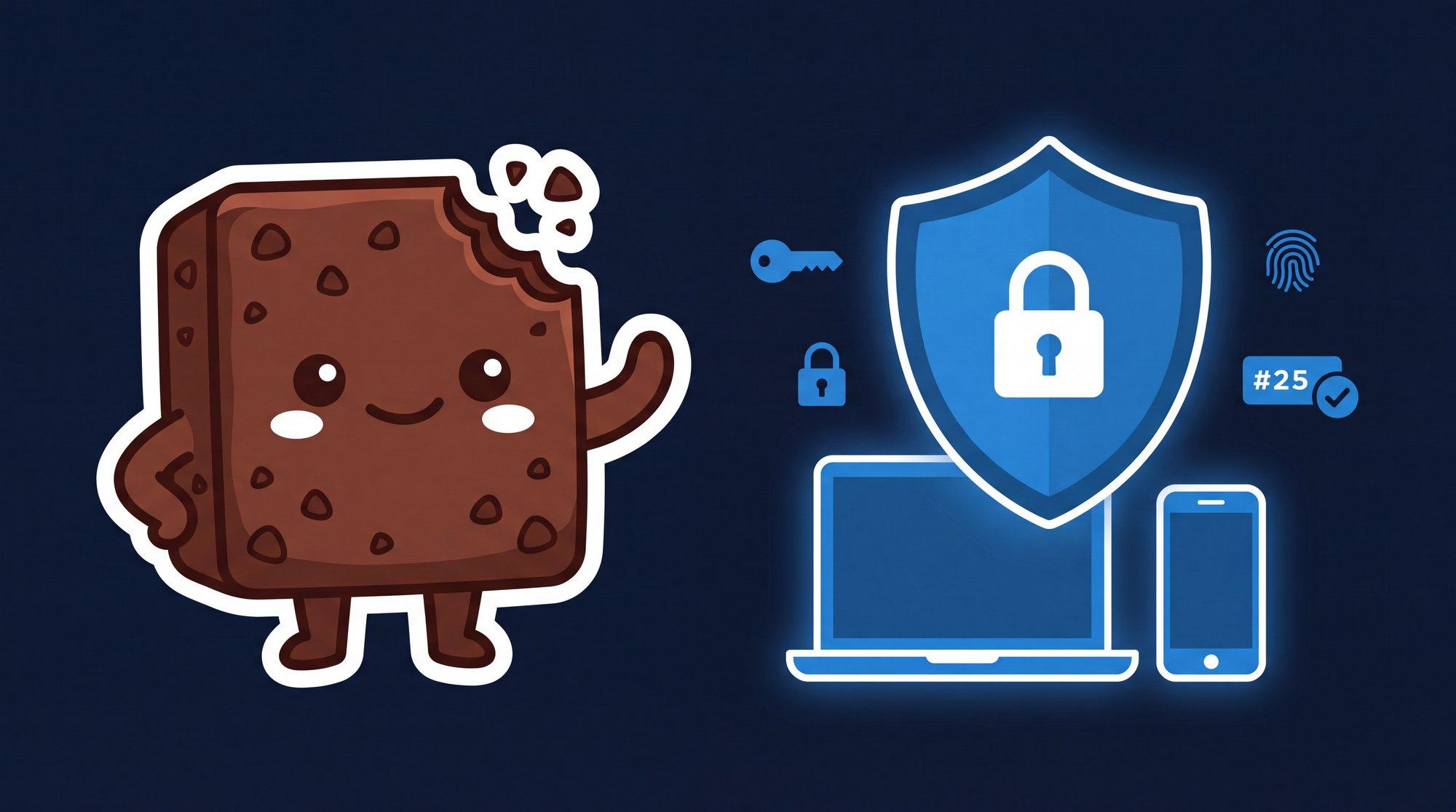 La mascota de Brauni junto a un escudo con candado que protege una notebook y un celular, con íconos de llave, huella y doble factor