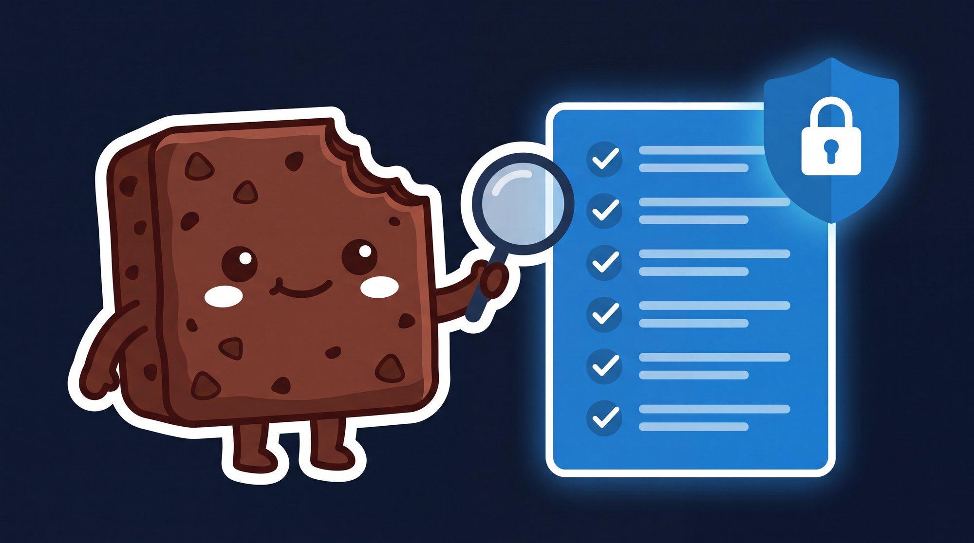 La mascota de Brauni con una lupa revisando un checklist de seguridad junto a un escudo con candado