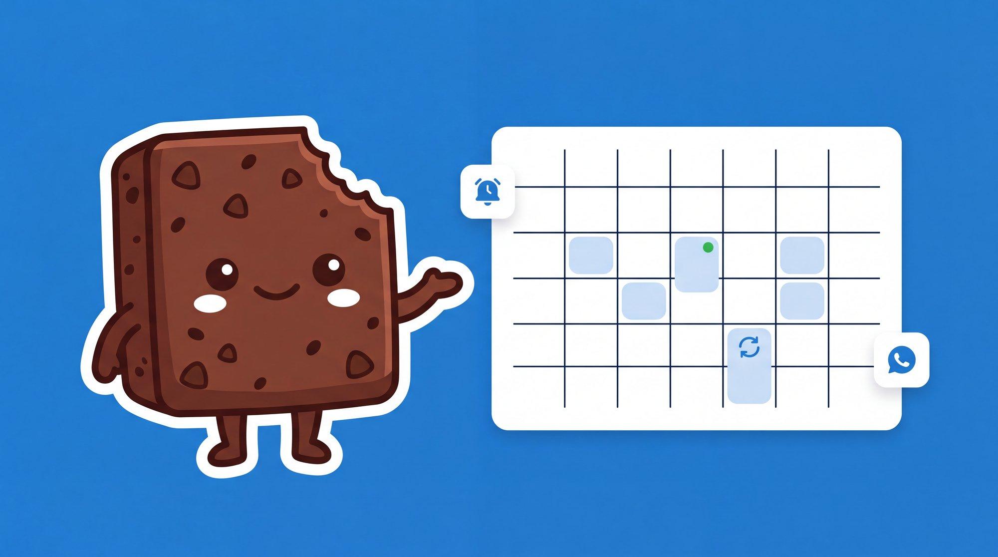 La mascota de Brauni junto a un calendario de citas con recordatorio, sincronización y aviso por WhatsApp