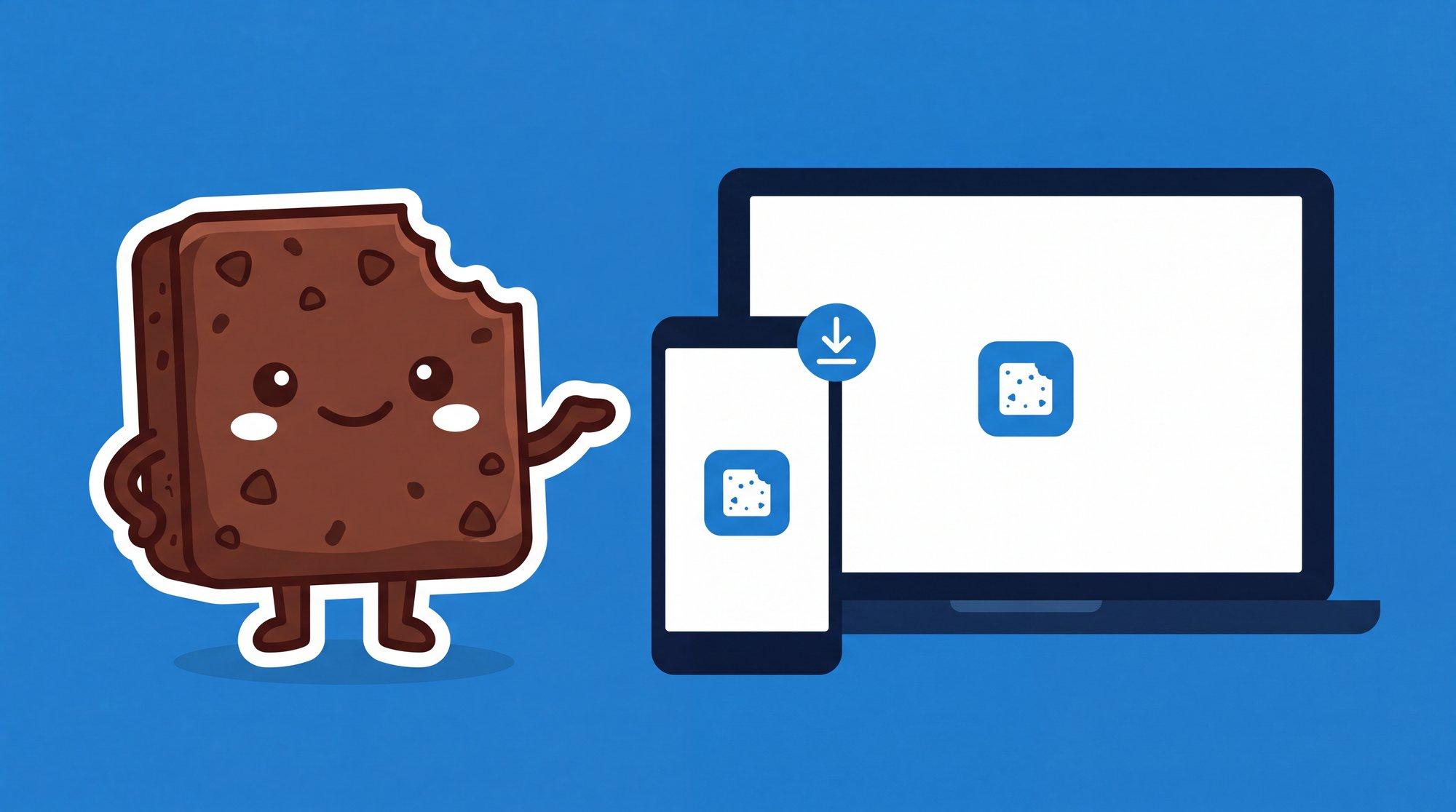 La mascota de Brauni junto a la app de Brauni instalada en un celular y una notebook, con ícono de descarga