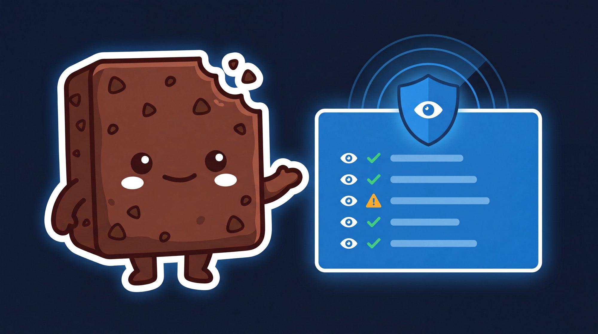 La mascota de Brauni junto a un panel de monitoreo de accesos con escudo de vigilancia, lista de chequeos en tiempo real y una alerta de acceso sospechoso