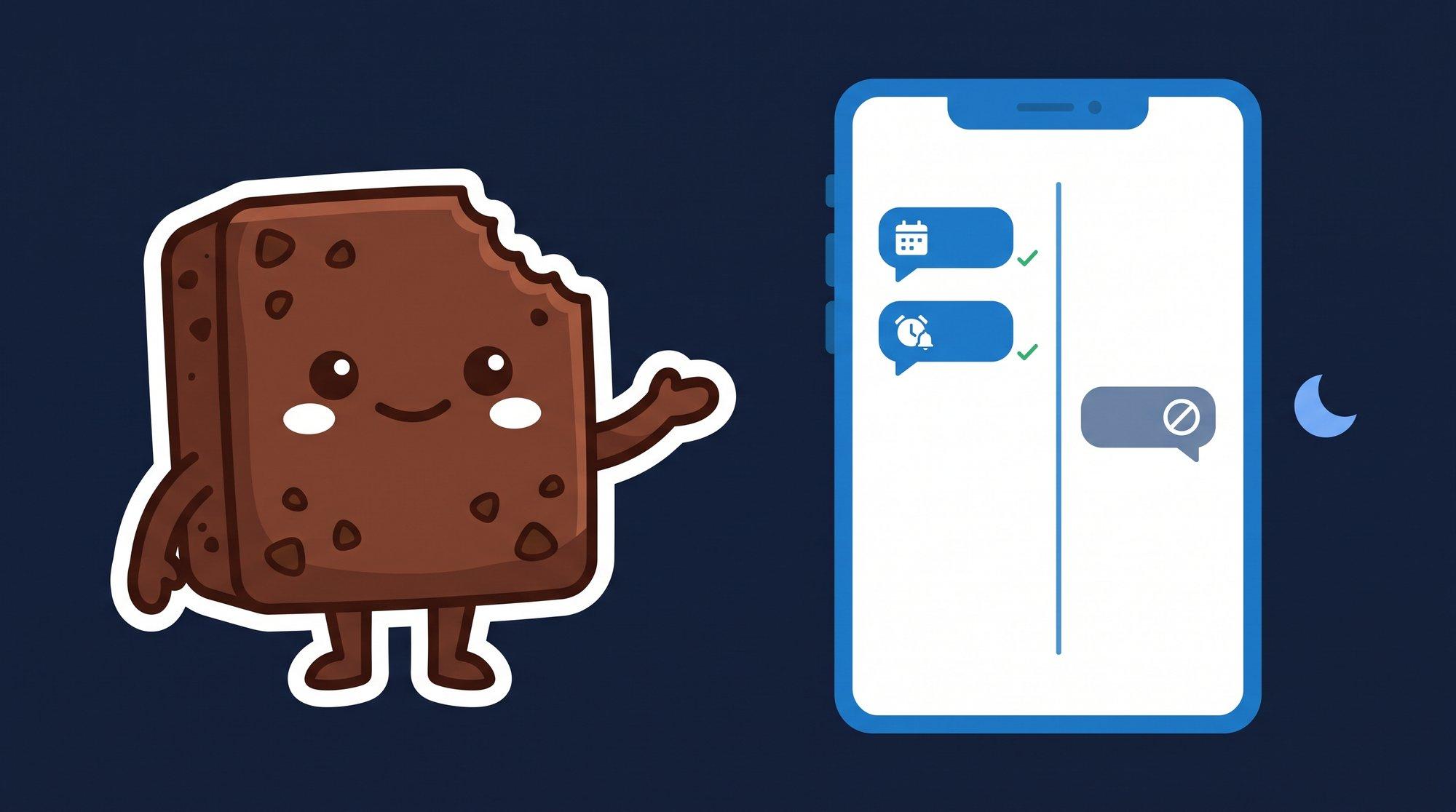 La mascota de Brauni junto a un celular con mensajes de turno y recordatorio confirmados con tilde verde y un mensaje nocturno bloqueado, marcando el límite horario del chat con pacientes