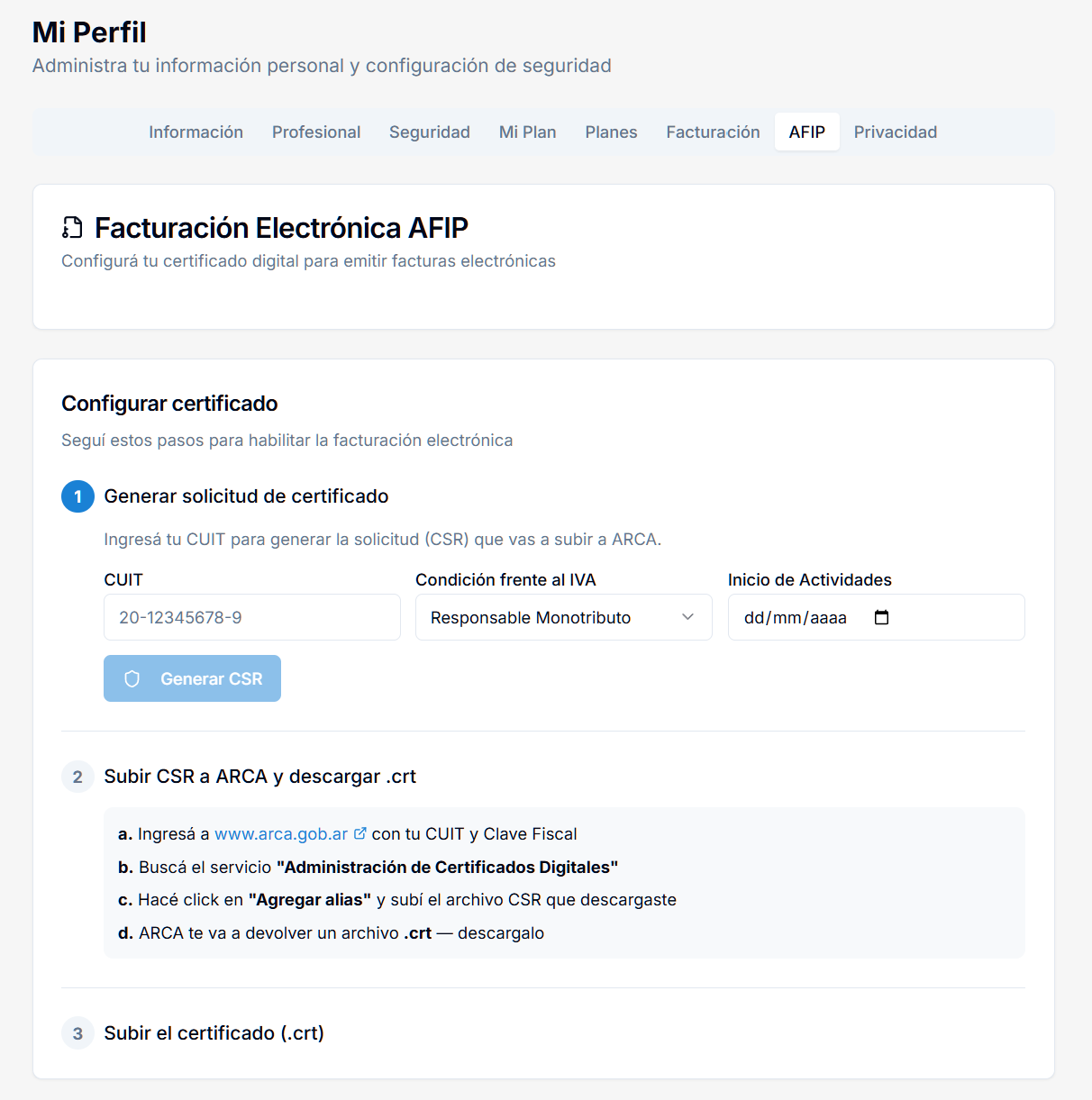 Formulario de configuracion de certificado AFIP en Brauni