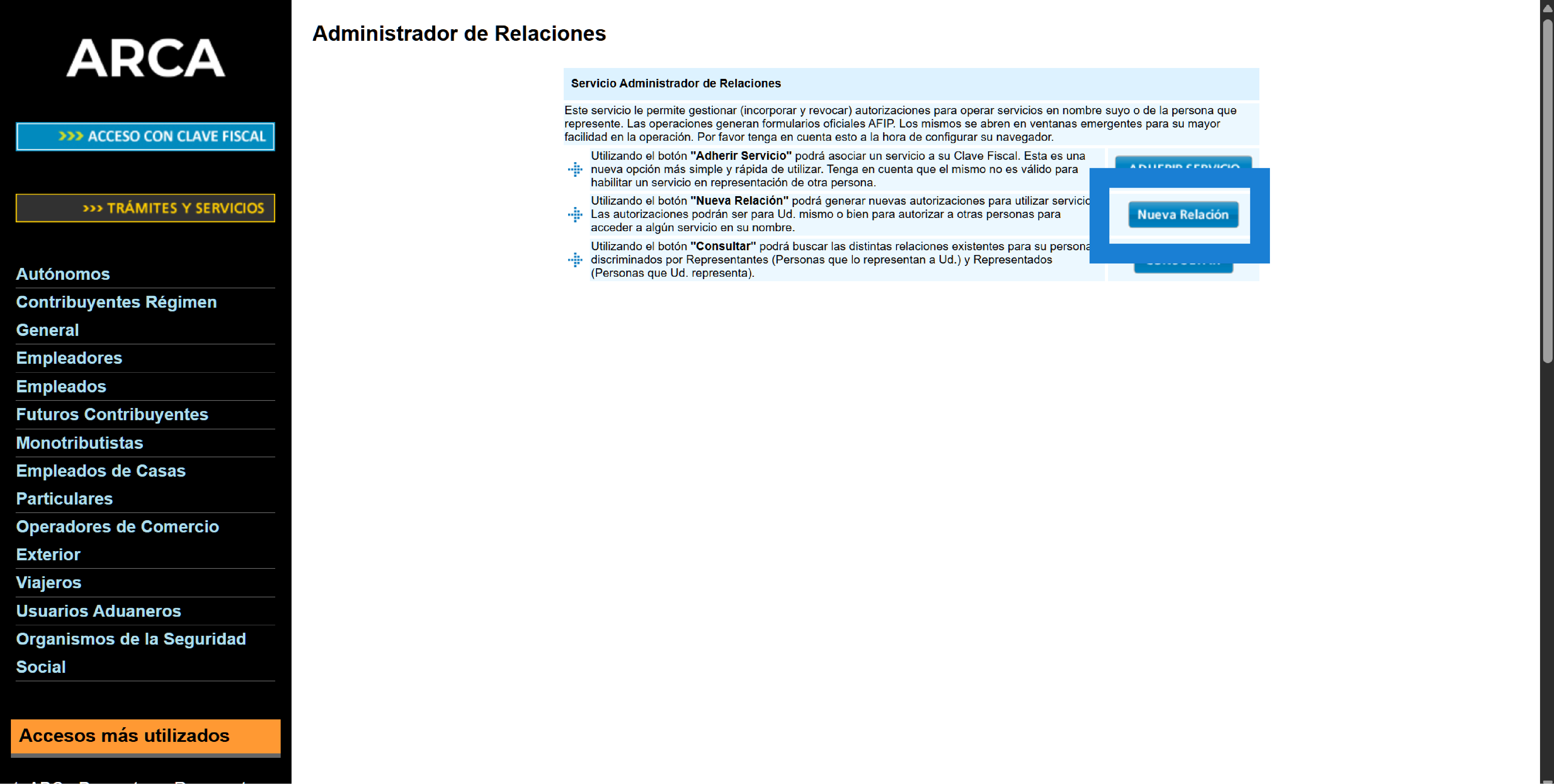 Pantalla del Administrador de Relaciones con boton Nueva Relacion