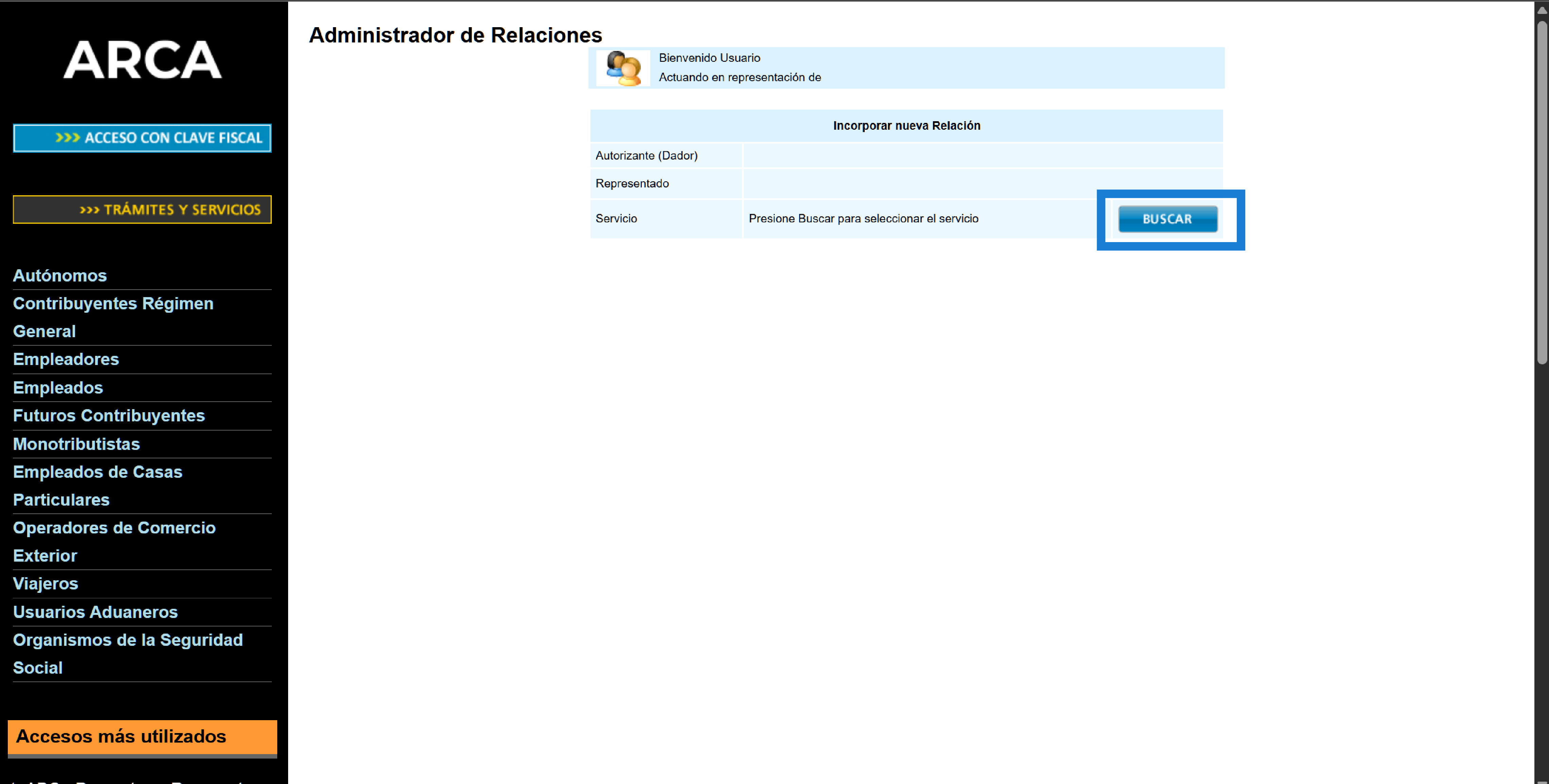 Formulario de nueva relacion con campo de servicio