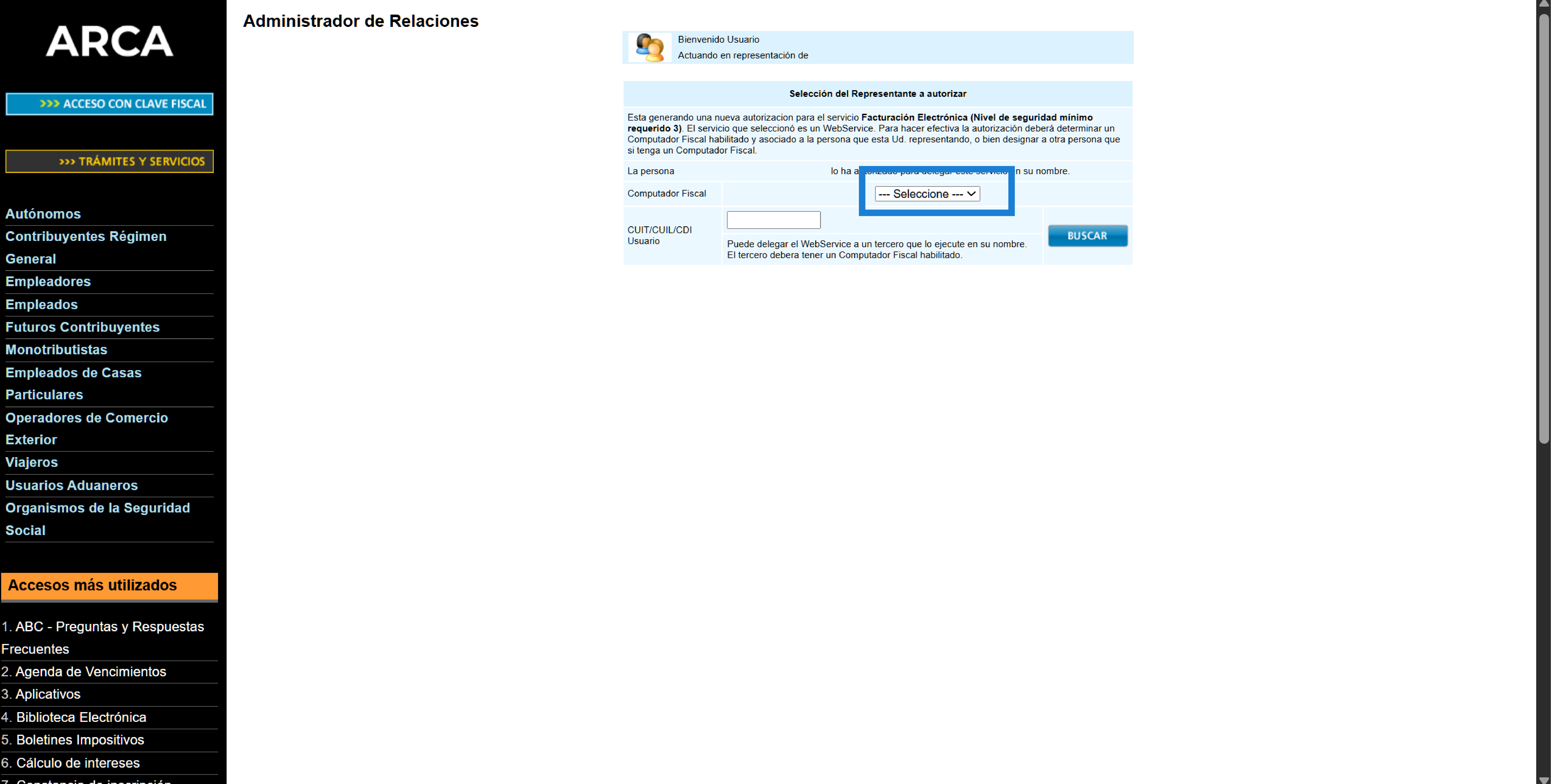 Seleccion de representante para la autorizacion