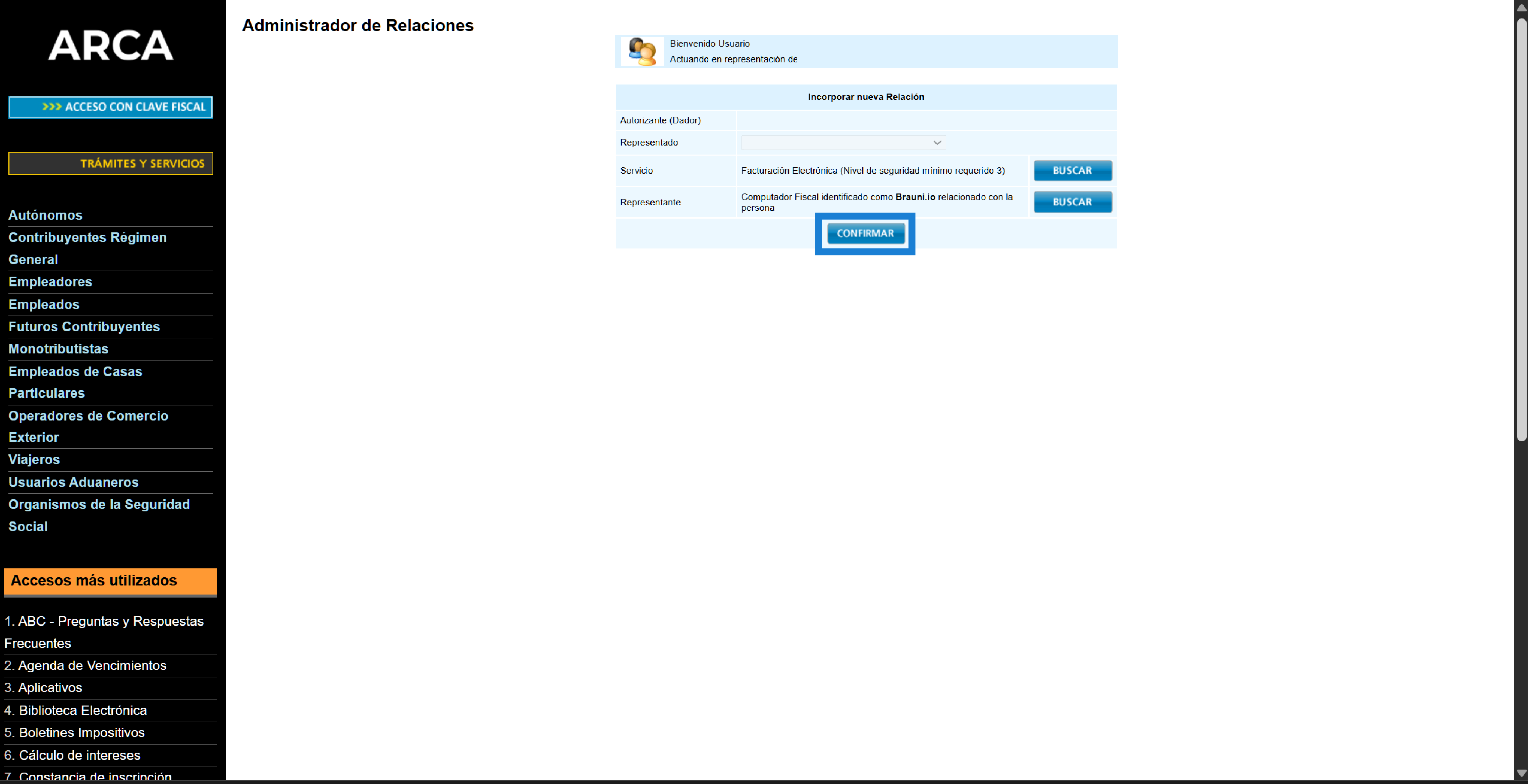 Pantalla de confirmacion de la autorizacion en ARCA