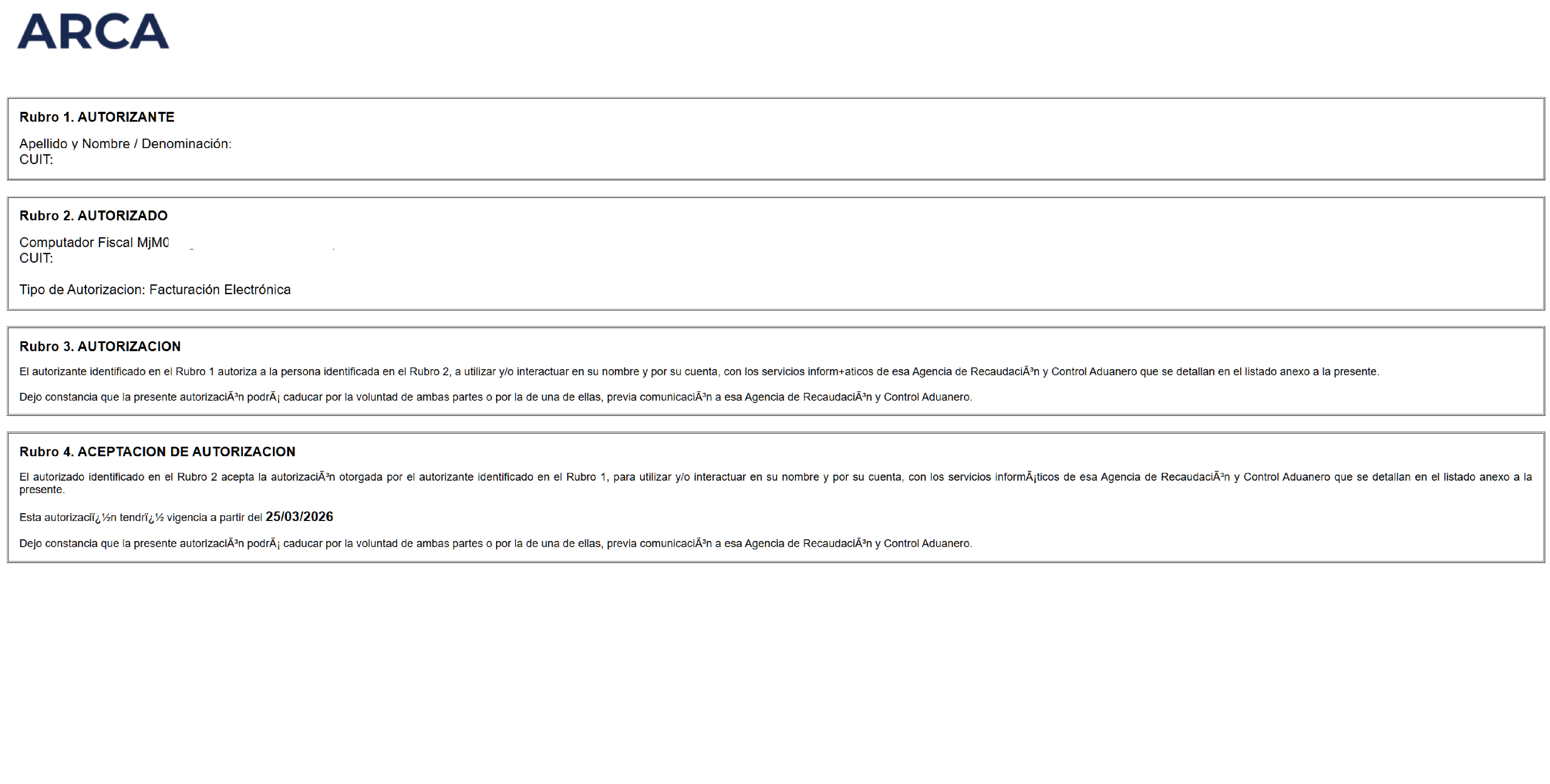 Resumen de autorizacion completada en ARCA