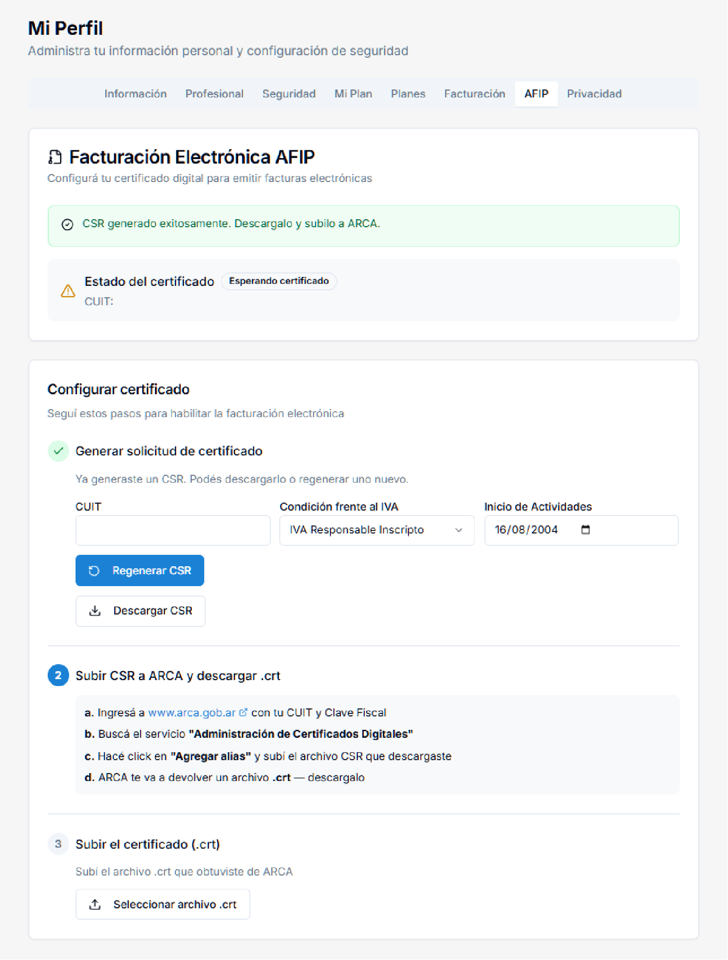 CSR generado exitosamente en Brauni con boton de descarga