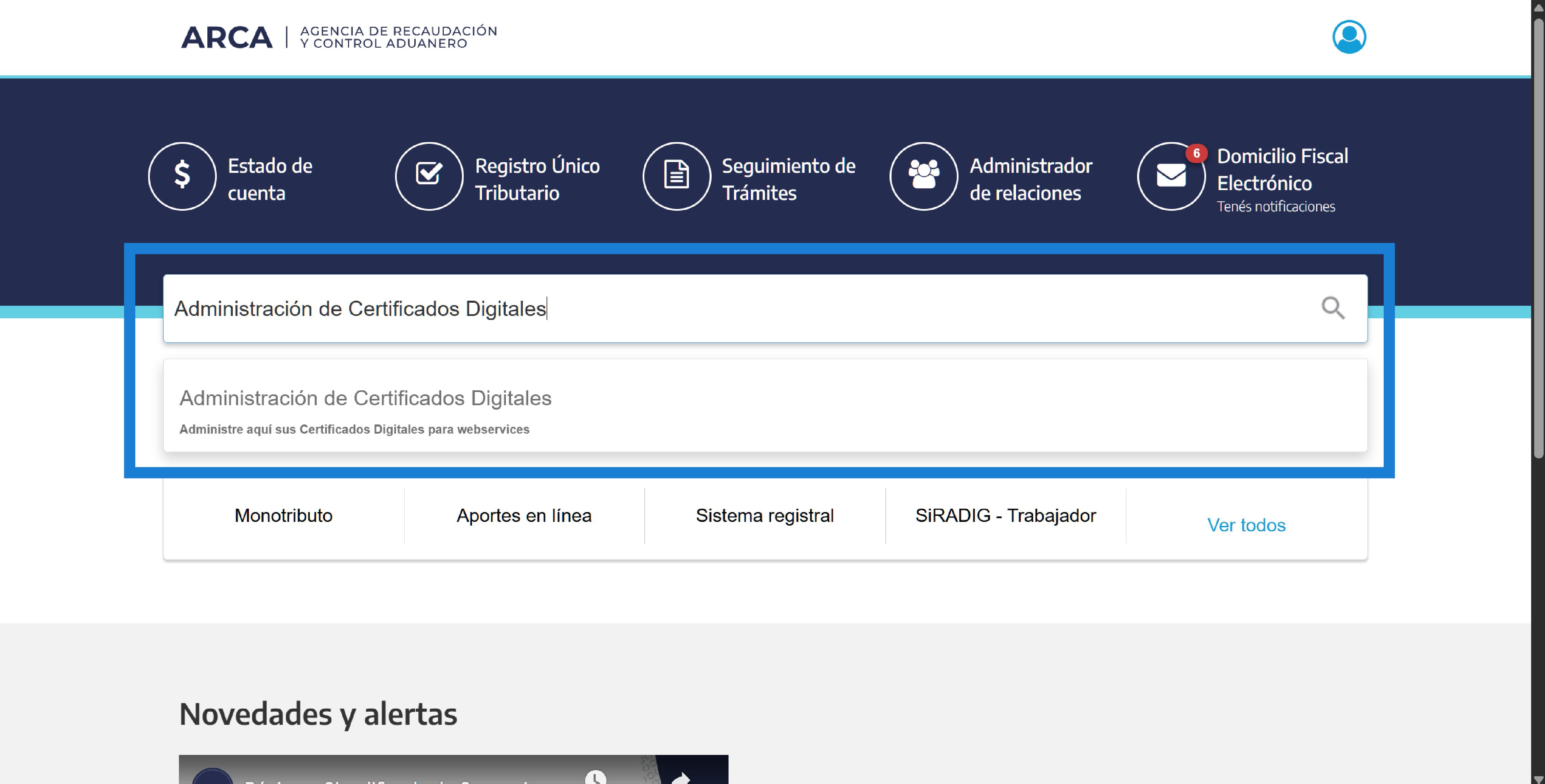Buscando Administracion de Certificados Digitales en el portal de ARCA