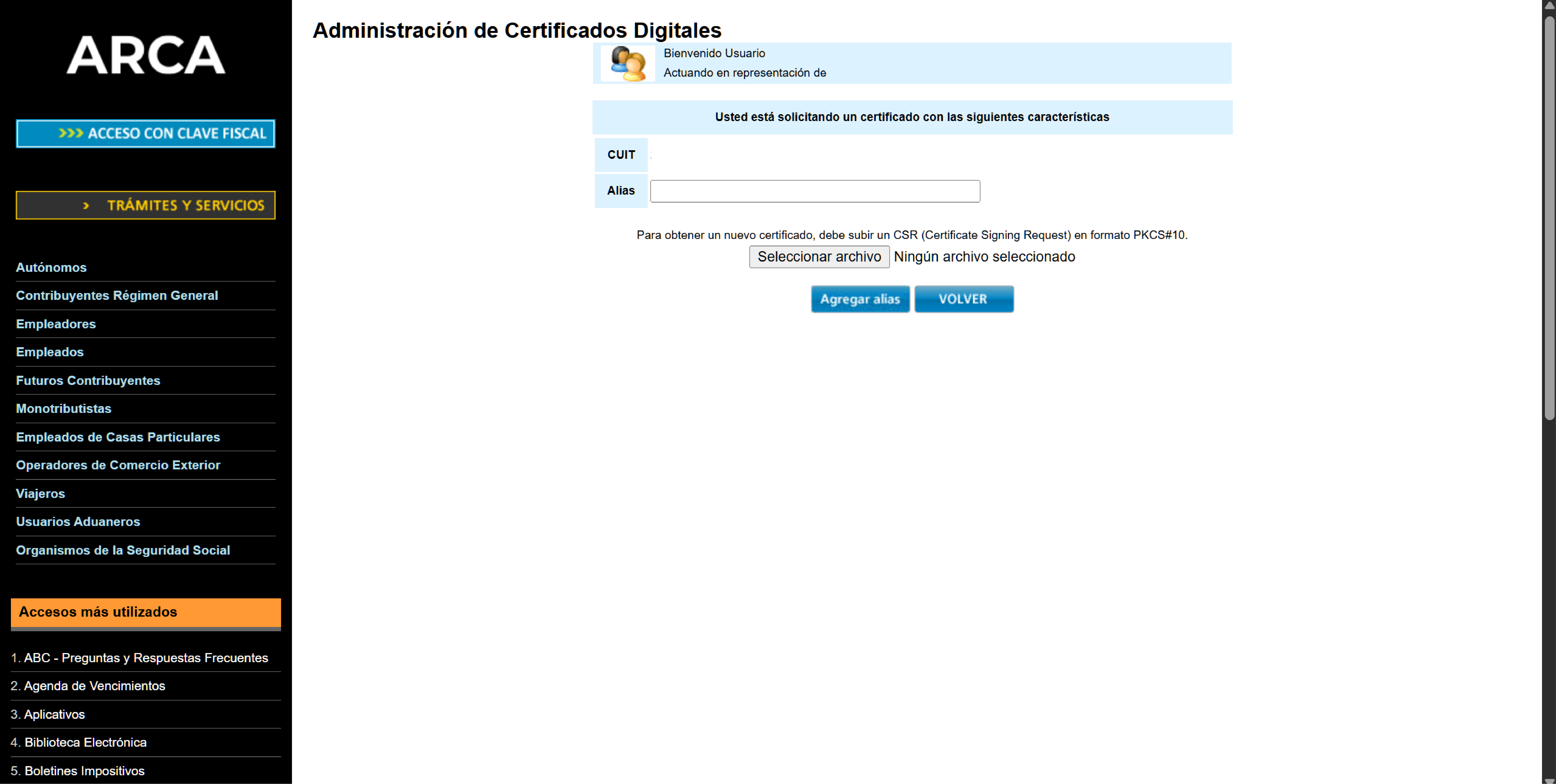 Pantalla de Administracion de Certificados Digitales en ARCA con campo de alias y carga de archivo