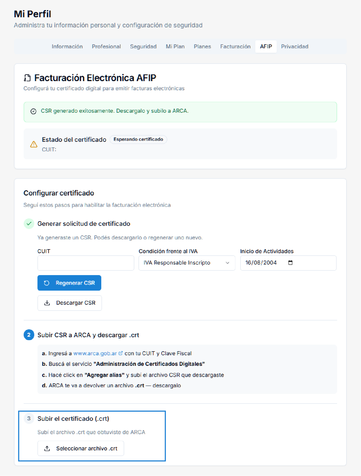 Certificado digital subido exitosamente en Brauni