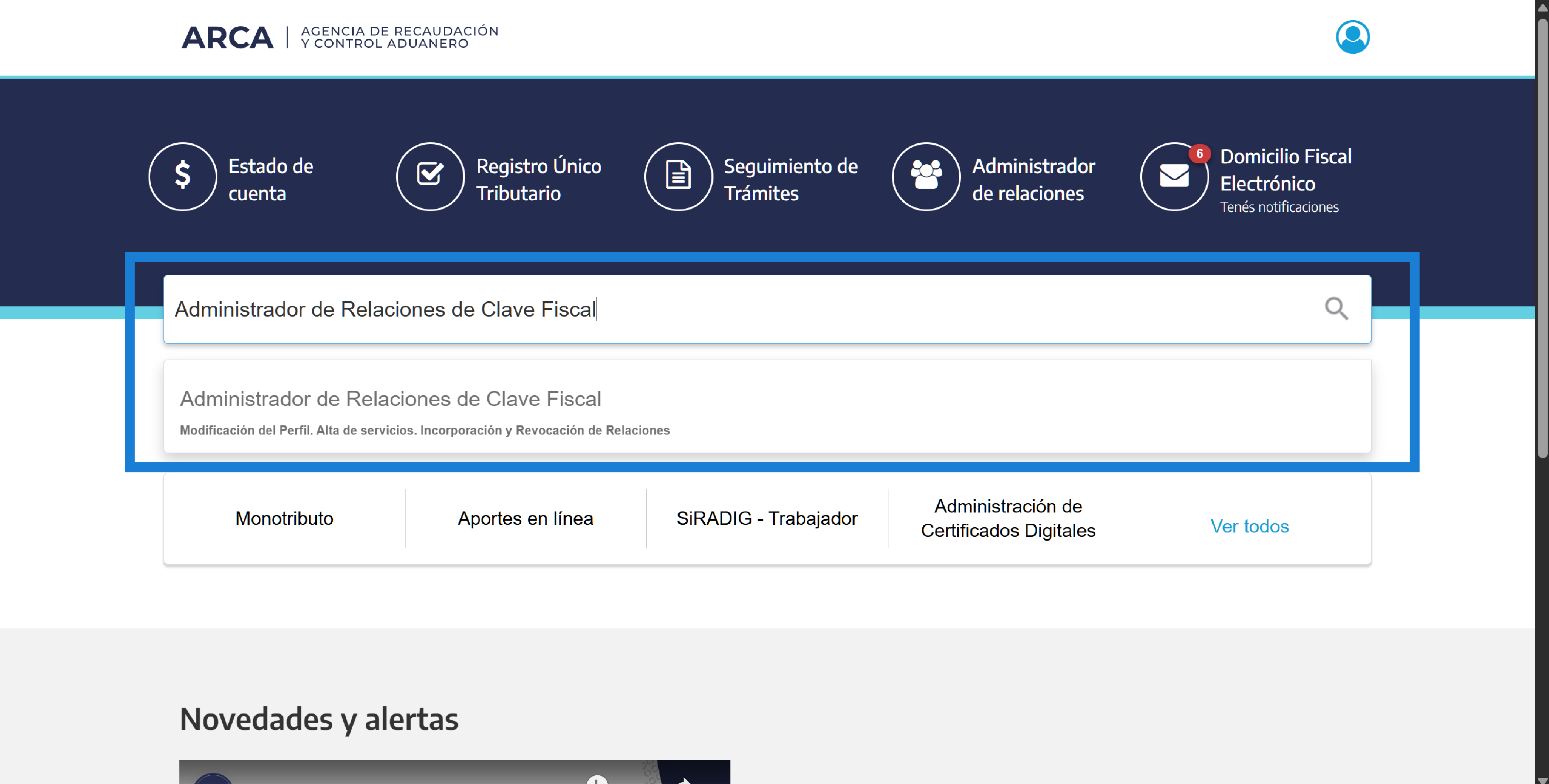 Buscando Administrador de Relaciones de Clave Fiscal en ARCA