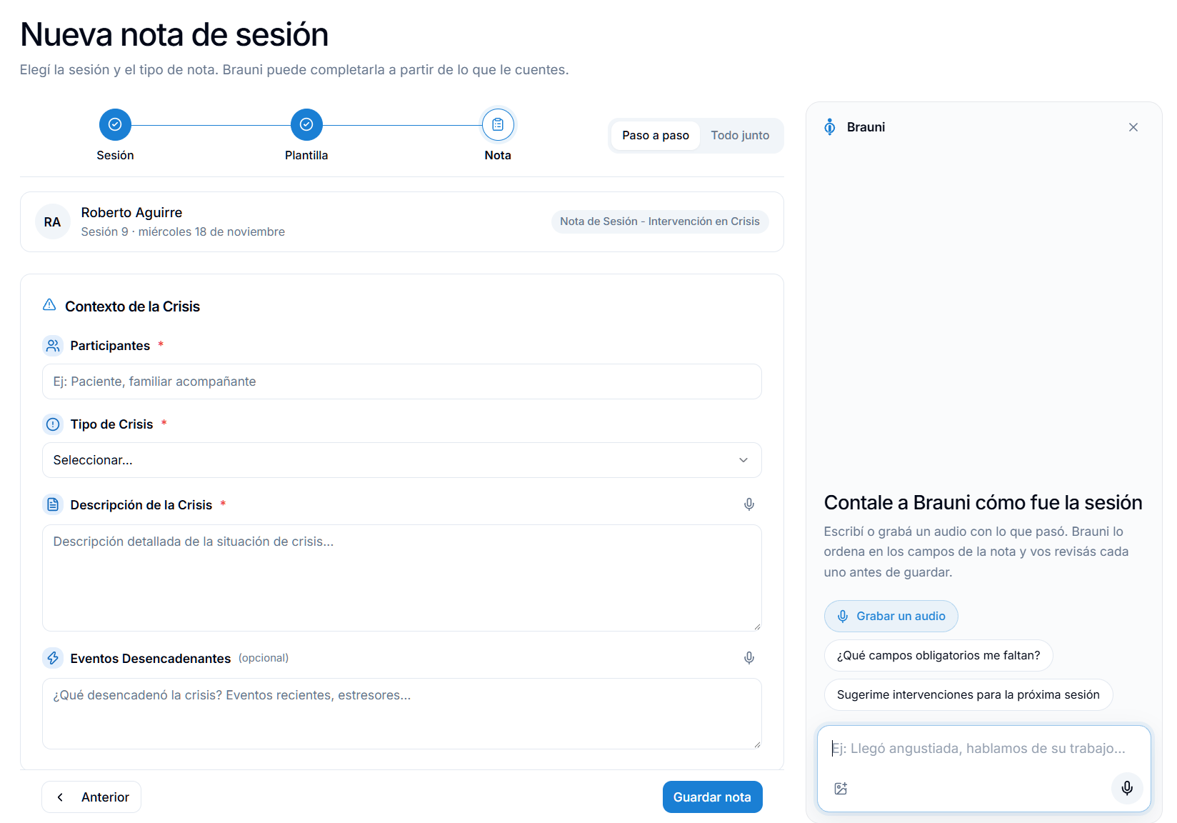 New Brauni session note with crisis intervention template and wizard to tell you how the session went